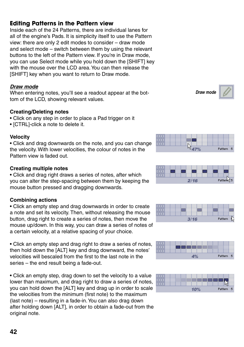 Editing patterns in the pattern view, Draw mode, Editing patterns in the pattern view 42 | Draw mode 42 | FXpansion GURU User Manual | Page 43 / 97