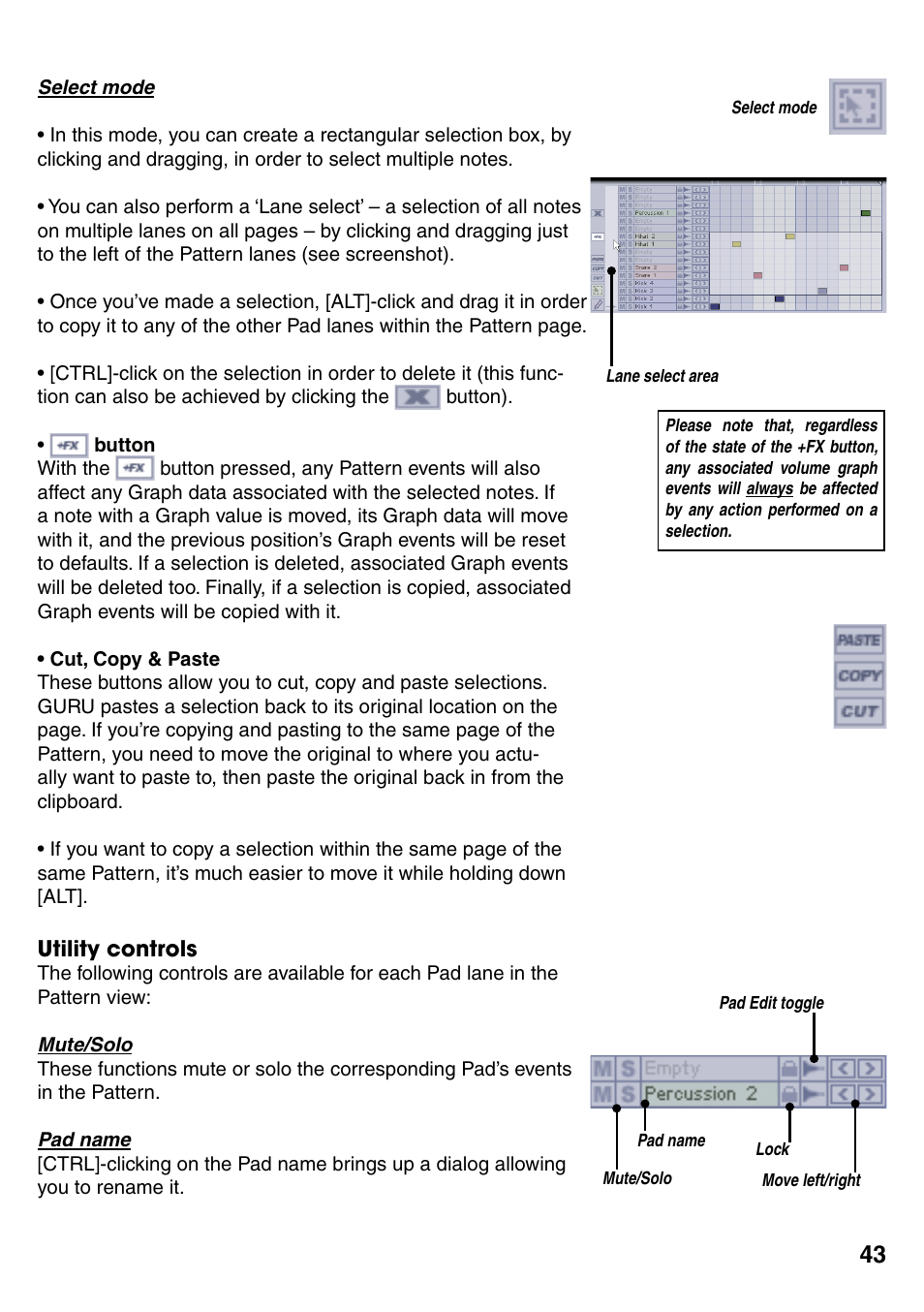 Select mode, Utility controls, Select mode 43 | Utility controls 43 | FXpansion GURU User Manual | Page 44 / 97