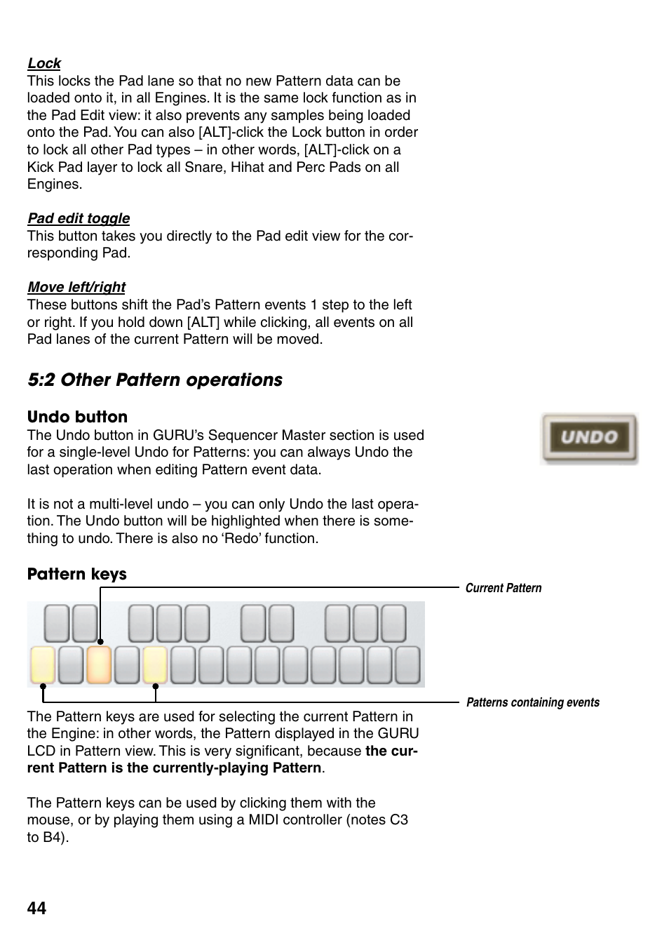 2 other pattern operations, Undo button, Pattern keys | 2 other pattern operations 44, Undo button 44, Pattern keys 44 | FXpansion GURU User Manual | Page 45 / 97