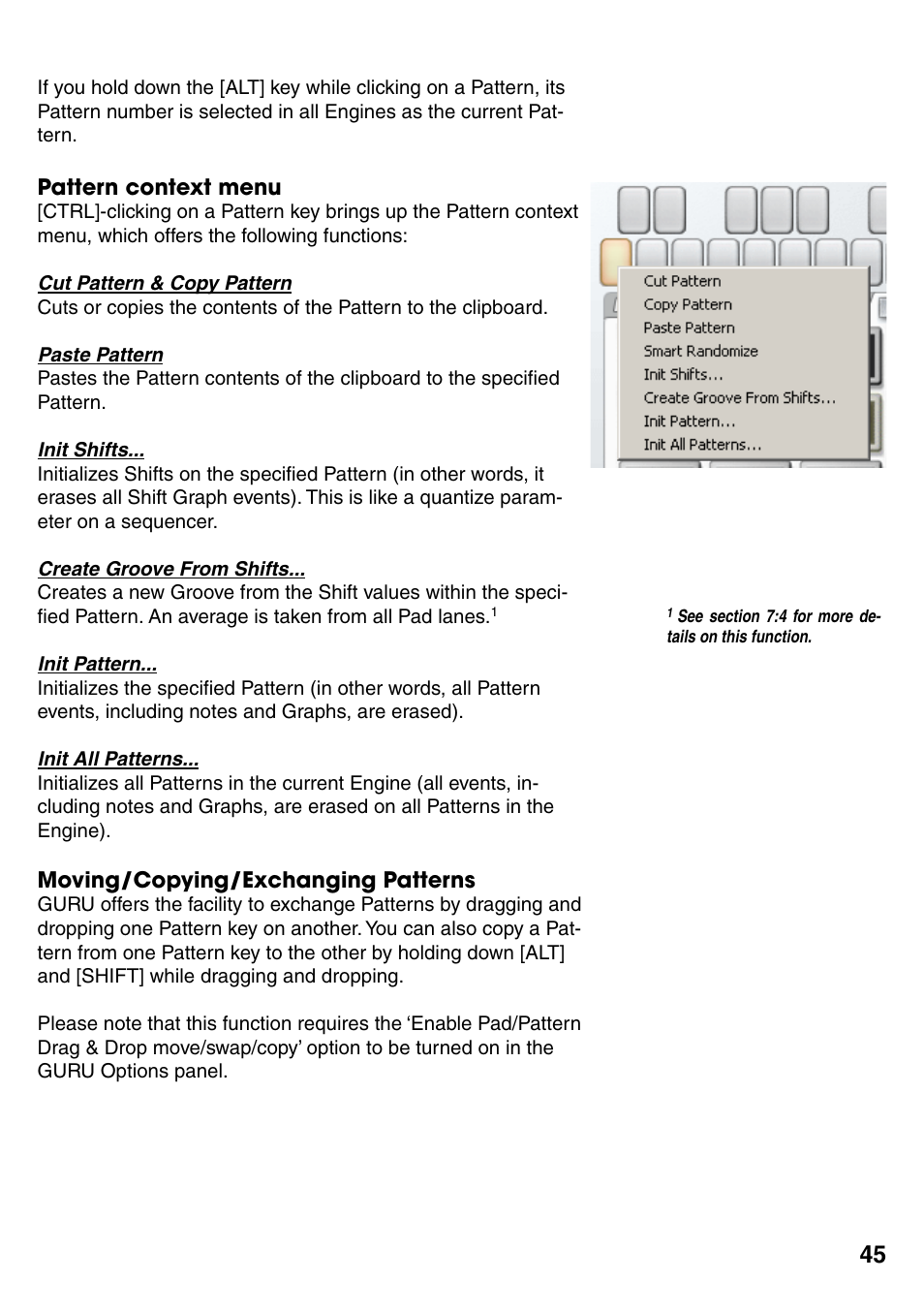 Pattern context menu, Moving/copying/exchanging patterns, Pattern context menu 45 | Moving/copying/exchanging patterns 45 | FXpansion GURU User Manual | Page 46 / 97