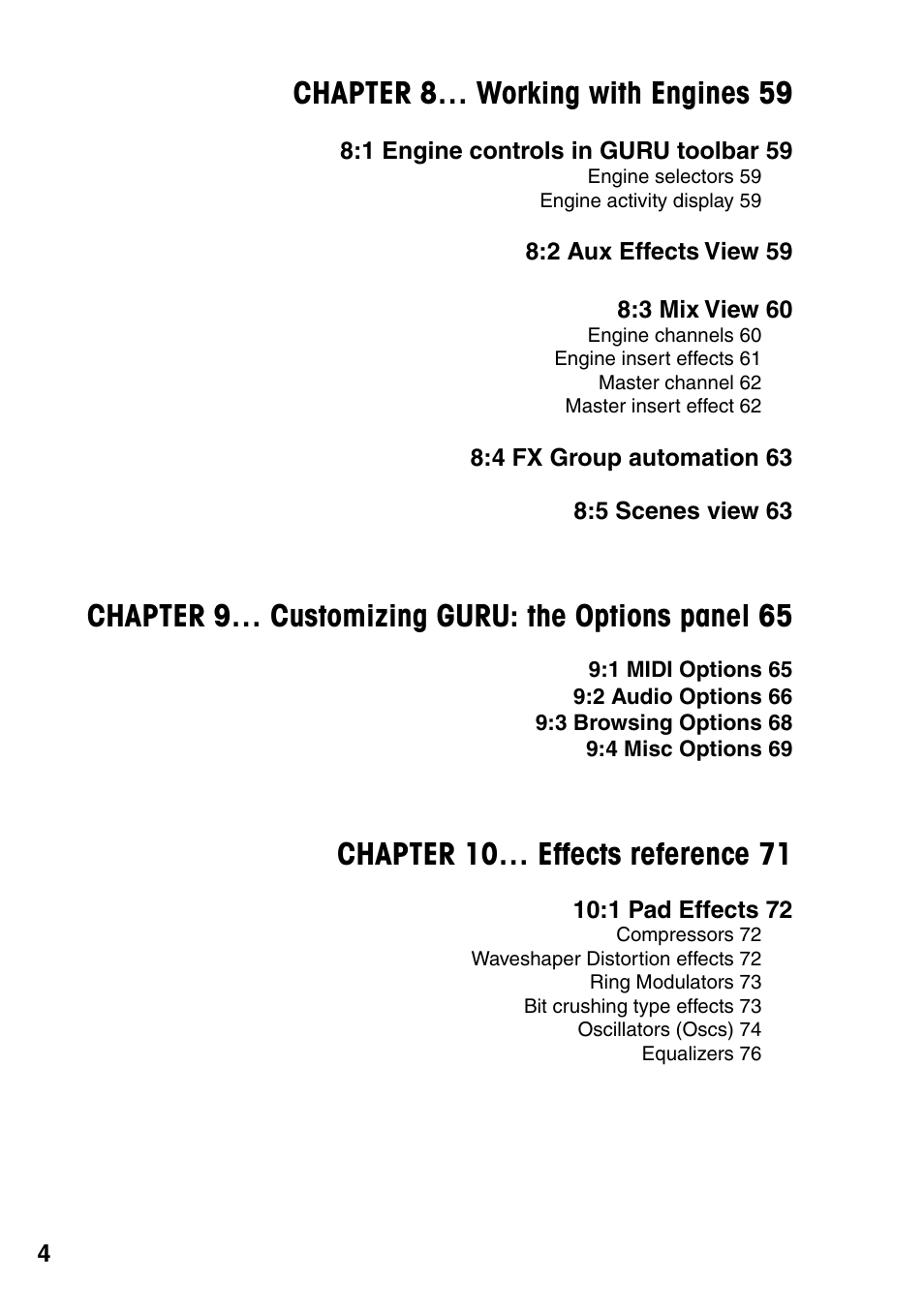Chapter 8 … working with engines 59, Chapter 9… customizing guru: the options panel 65, Chapter 10 … effects reference 71 | FXpansion GURU User Manual | Page 5 / 97
