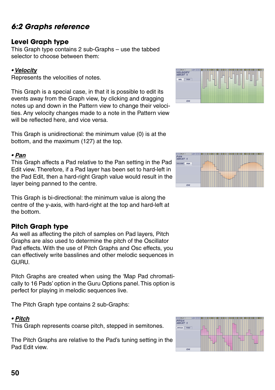 2 graphs reference, Level graph type, Velocity | Pitch graph type, Pitch, 2 graphs reference 50, Level graph type 50, Velocity • 50, Pan • 50, Pitch graph type 50 | FXpansion GURU User Manual | Page 51 / 97