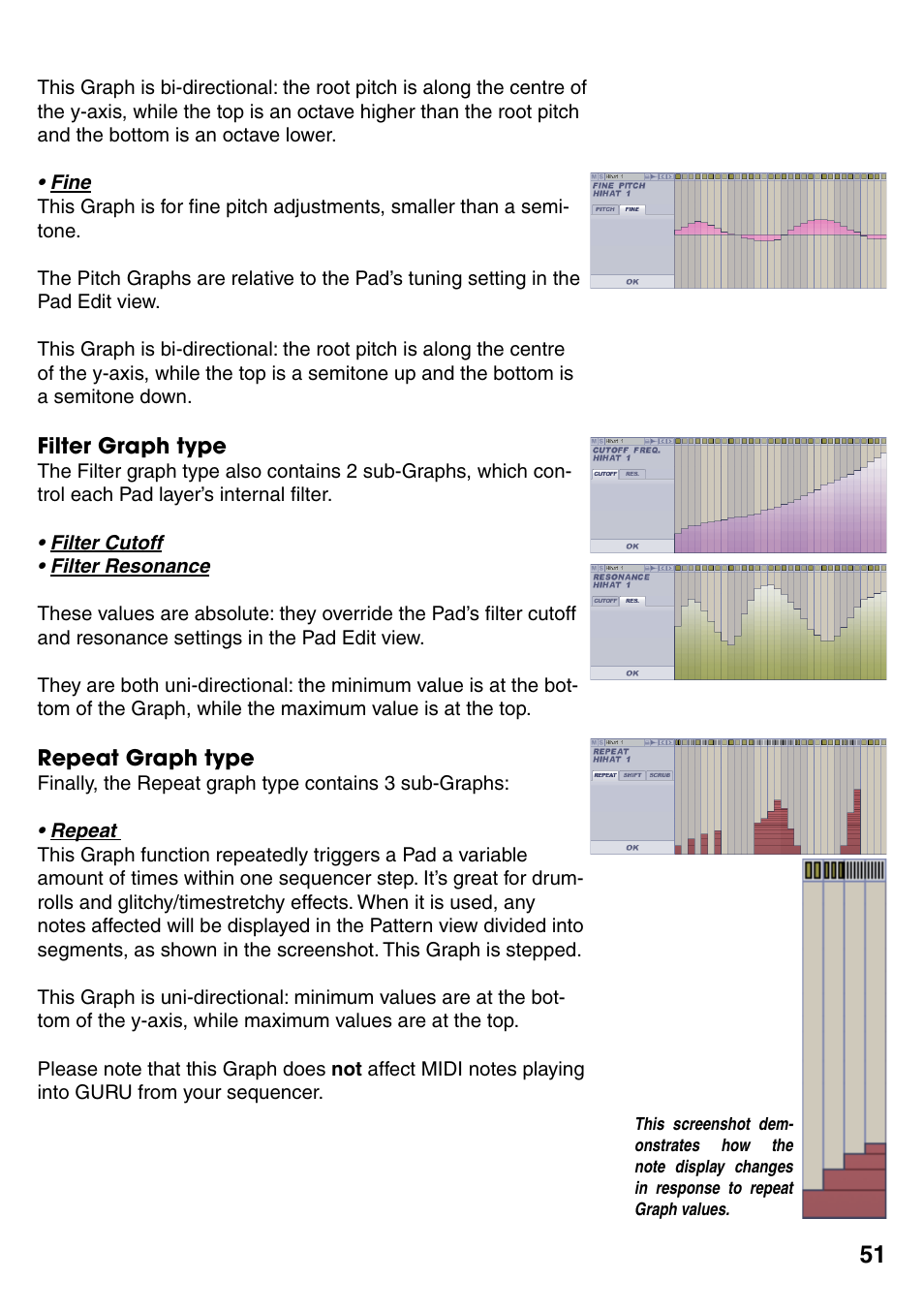 Fine, Filter graph type, Filter cutoff | Filter resonance, Repeat graph type, Repeat, Fine • 51, Filter graph type 51, Filter cutoff • 51, Filter resonance • 51 | FXpansion GURU User Manual | Page 52 / 97