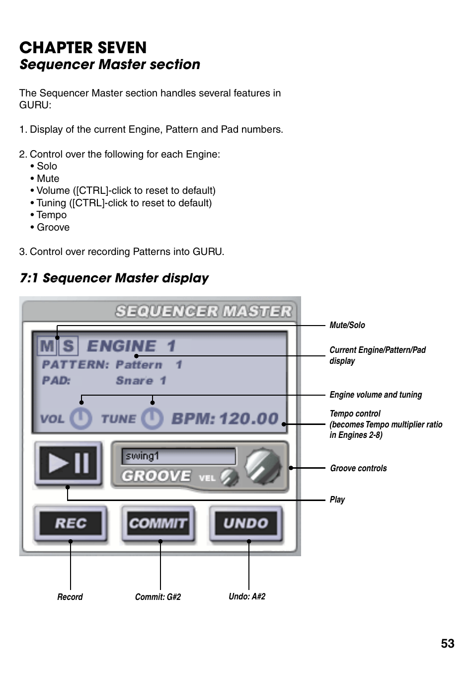Chapter seven, Sequencer master section, 1 sequencer master display | Chapter 7… sequencer master section 53, 1 sequencer master display 53 | FXpansion GURU User Manual | Page 54 / 97