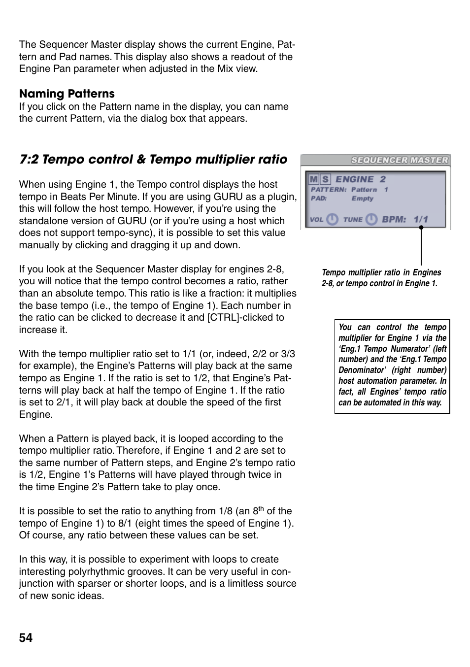 Naming patterns, 2 tempo control & tempo multiplier ratio, Naming patterns 54 | 2 tempo control & tempo multiplier ratio 54 | FXpansion GURU User Manual | Page 55 / 97