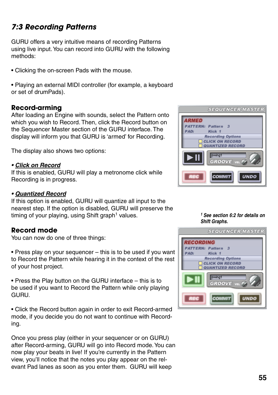 3 recording patterns, Record-arming, Click on record | Quantized record, Record mode, 3 recording patterns 55, Record-arming 55, Click on record 55, Quantized record 55, Record mode 55 | FXpansion GURU User Manual | Page 56 / 97
