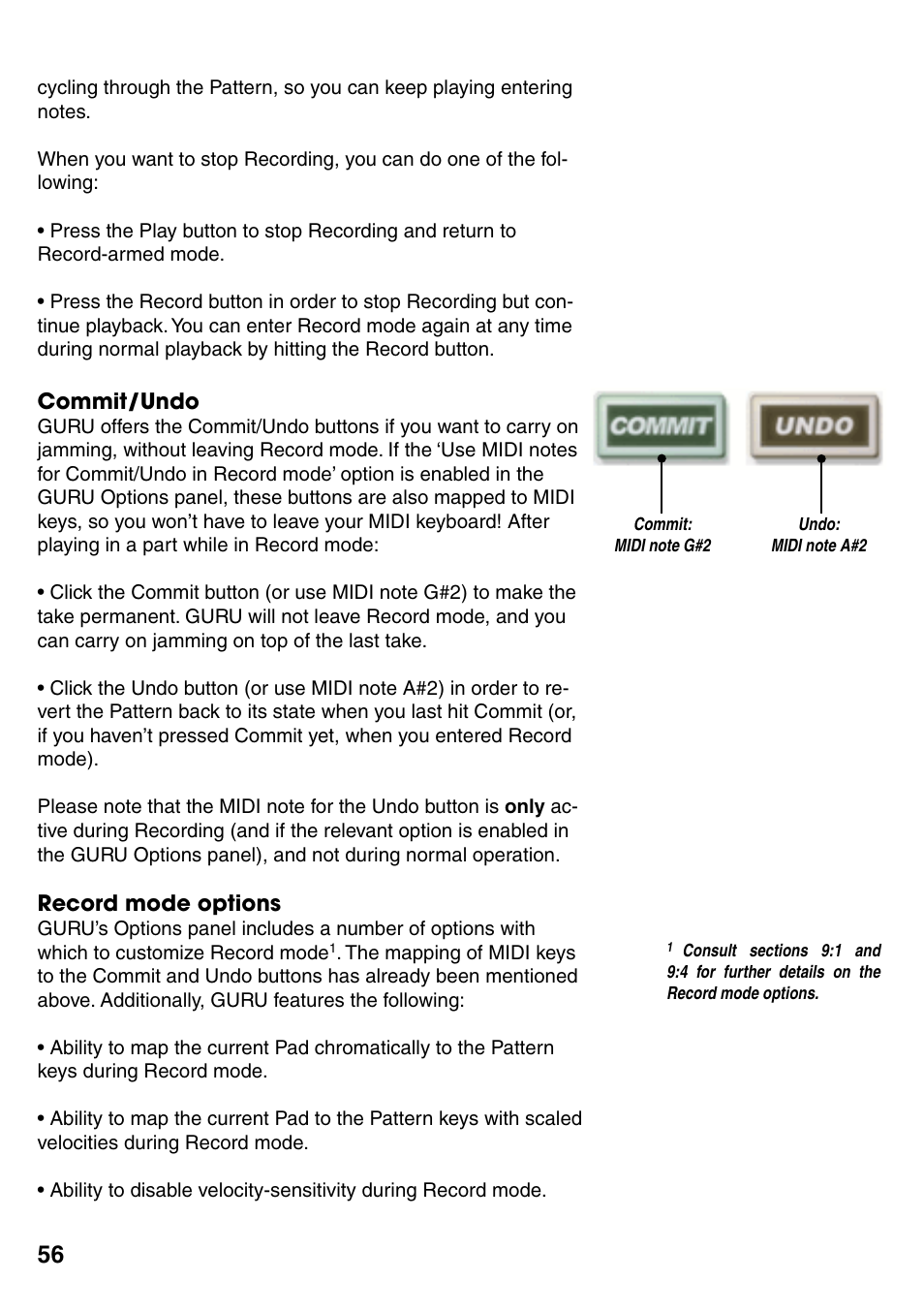 Commit/undo, Record mode options, Commit/undo 56 | Record mode options 56 | FXpansion GURU User Manual | Page 57 / 97