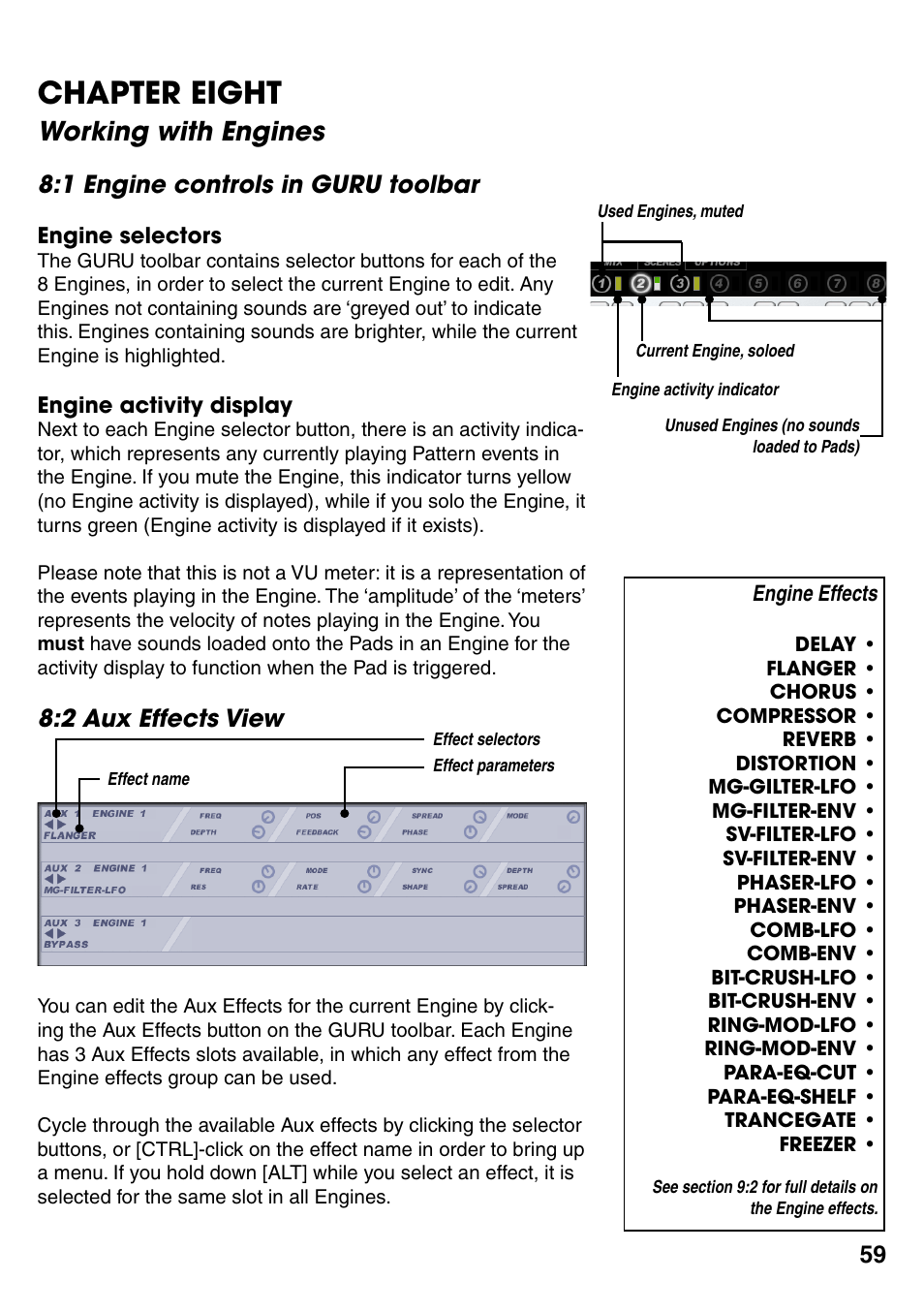 Chapter eight, Working with engines, 1 engine controls in guru toolbar | Engine selectors, Engine activity display, 2 aux effects view, Chapter, Working with engines 59, 1 engine controls in guru toolbar 59, Engine selectors 59 | FXpansion GURU User Manual | Page 60 / 97