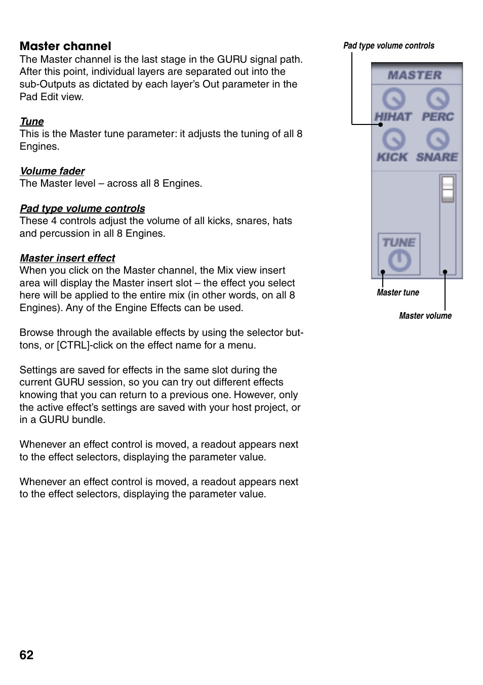 Master channel, Master insert effect, Master channel 62 | Master insert effect 62 | FXpansion GURU User Manual | Page 63 / 97