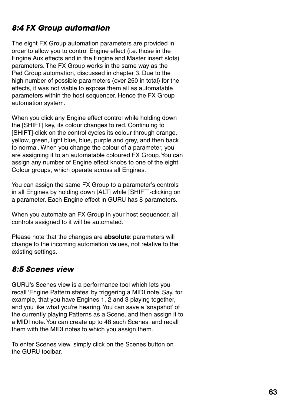 4 fx group automation, 5 scenes view, 4 fx group automation 63 | 5 scenes view 63 | FXpansion GURU User Manual | Page 64 / 97