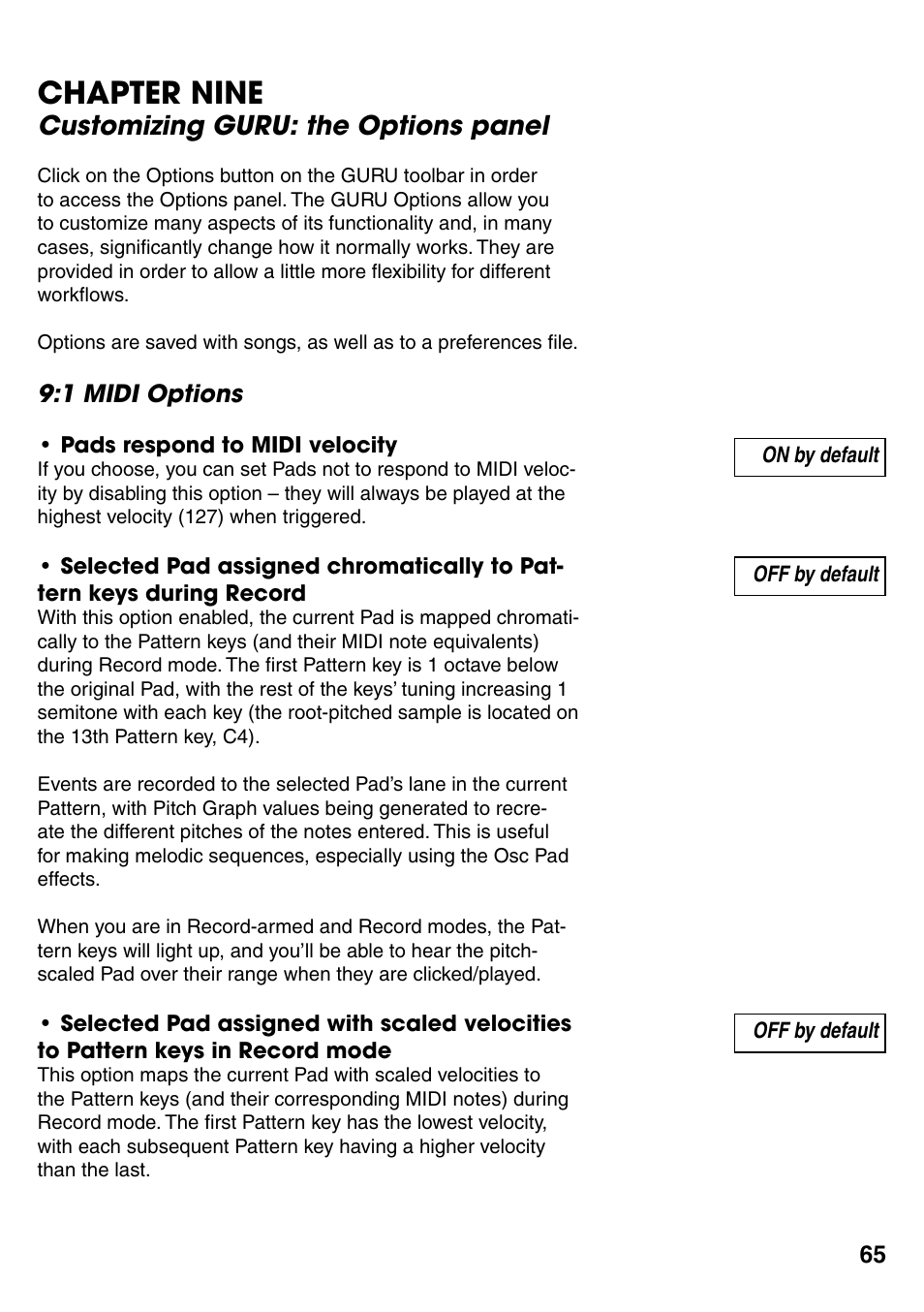 Chapter nine, Customizing guru: the options panel, 1 midi options | Chapter, Customizing guru: the options panel 65, 1 midi options 65 | FXpansion GURU User Manual | Page 66 / 97