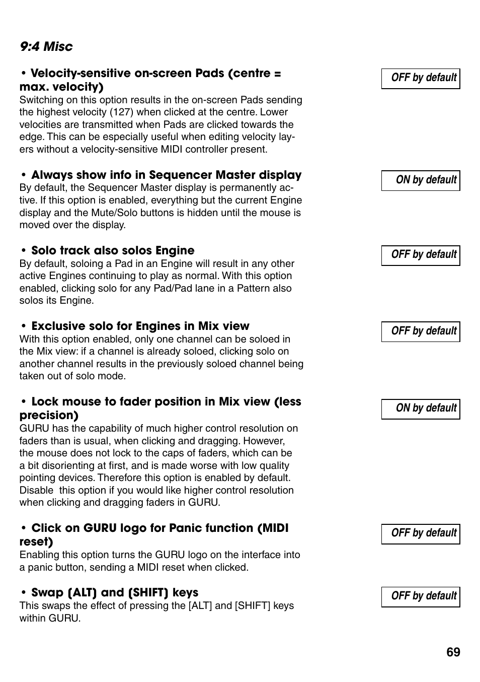 4 misc, 4 misc options 69 | FXpansion GURU User Manual | Page 70 / 97
