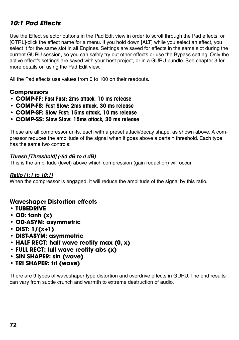 1 pad effects, Compressors, Waveshaper distortion effects | 1 pad effects 72, Compressors 72, Waveshaper distortion effects 72 | FXpansion GURU User Manual | Page 73 / 97