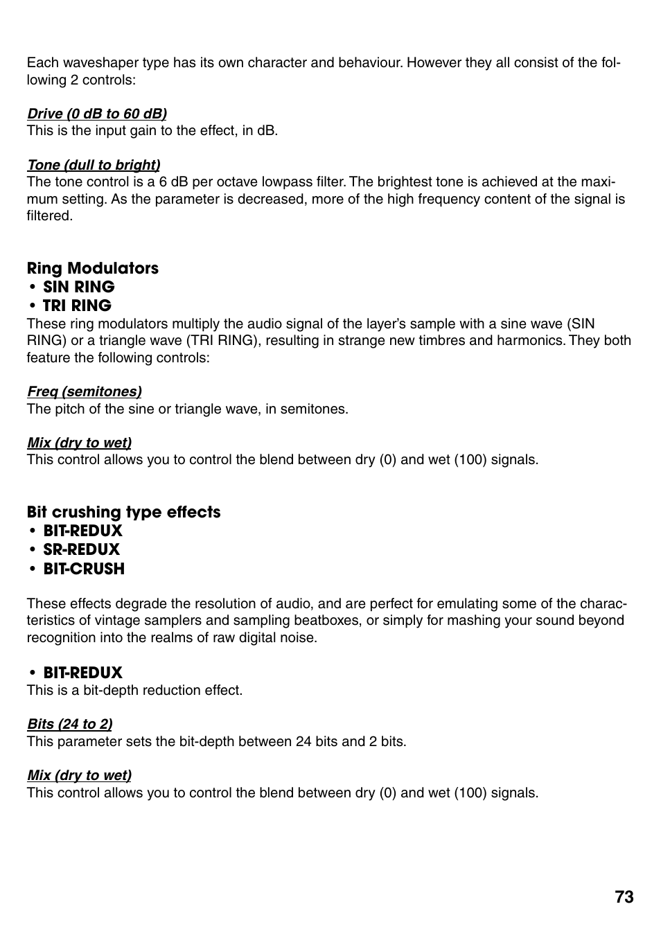 Ring modulators, Bit crushing type effects, Ring modulators 73 | Bit crushing type effects 73 | FXpansion GURU User Manual | Page 74 / 97