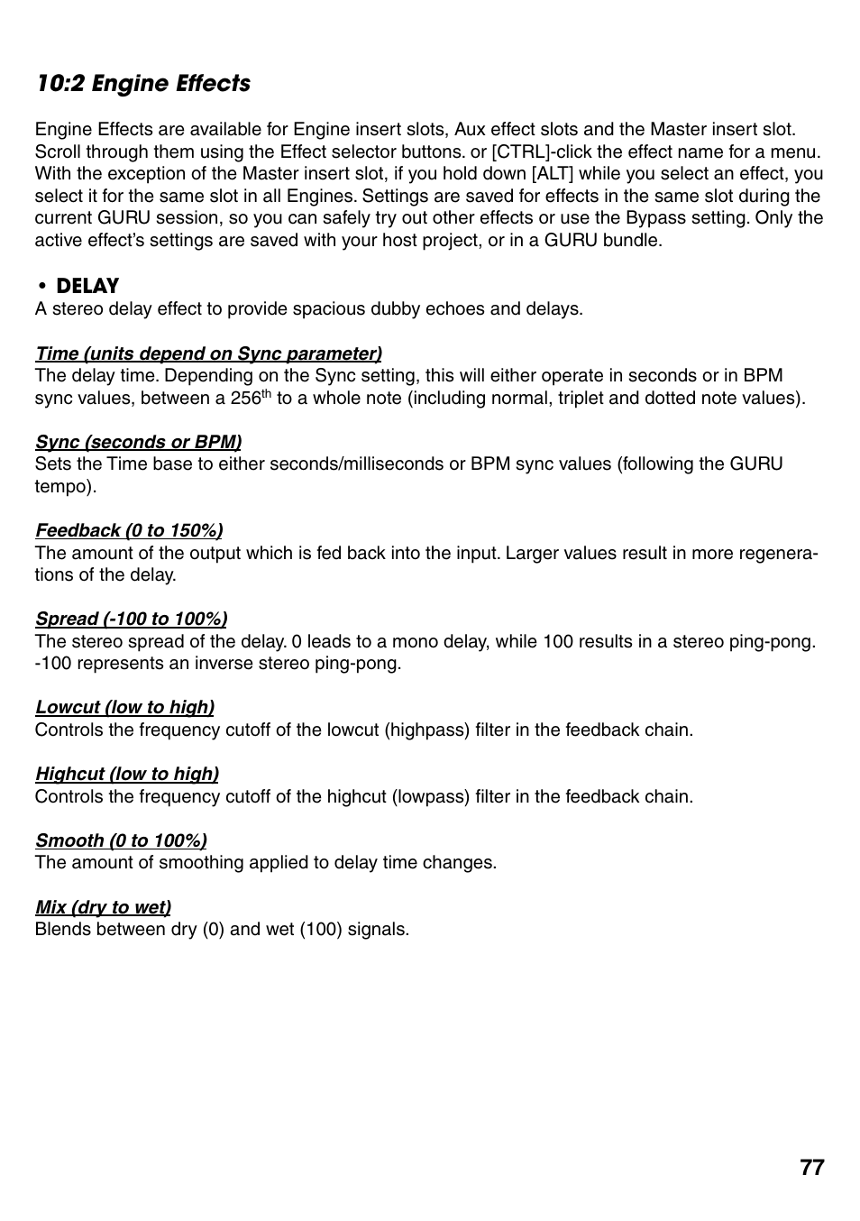 2 engine effects, Delay, 2 engine effects 77 | Delay 77 | FXpansion GURU User Manual | Page 78 / 97