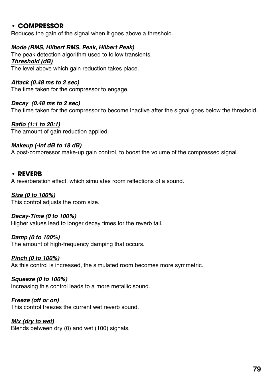 Compressor, Reverb, Compressor 79 | Reverb 79 | FXpansion GURU User Manual | Page 80 / 97