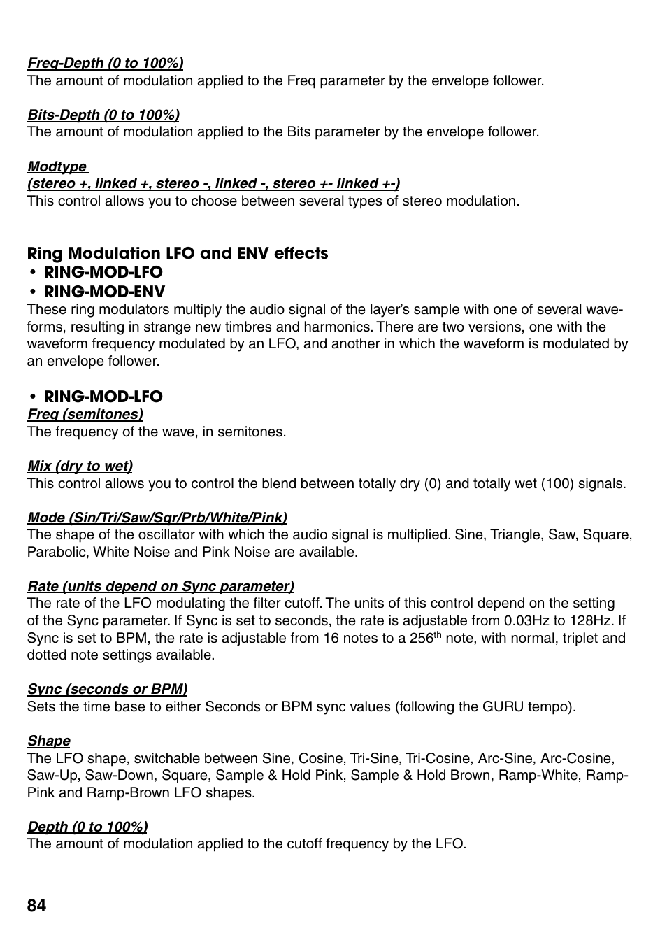 Ring modulation lfo and env effects, Ring modulation lfo and env effects 84 | FXpansion GURU User Manual | Page 85 / 97