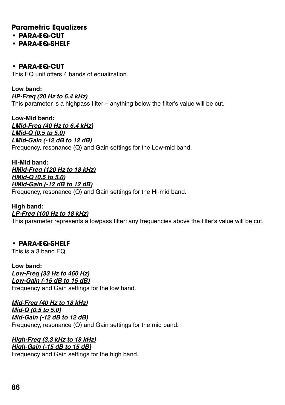 Parametric equalizers, Parametric equalizers 86 | FXpansion GURU User Manual | Page 87 / 97