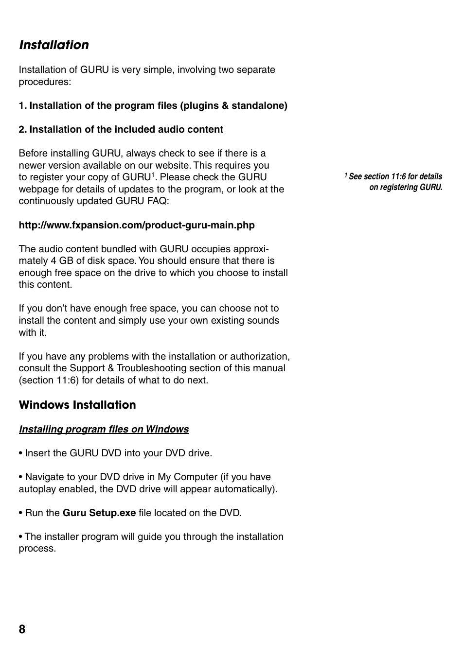 Installation, Windows installation, Installation 8 | Windows installation 8, 8installation | FXpansion GURU User Manual | Page 9 / 97