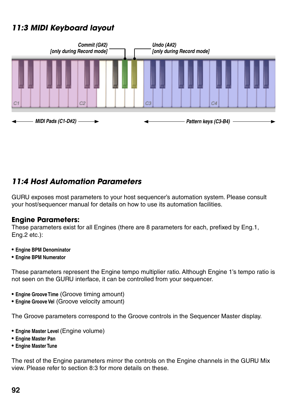 3 midi keyboard layout, 4 host automation parameters, 3 midi keyboard layout 92 | 4 host automation parameters 92 | FXpansion GURU User Manual | Page 93 / 97