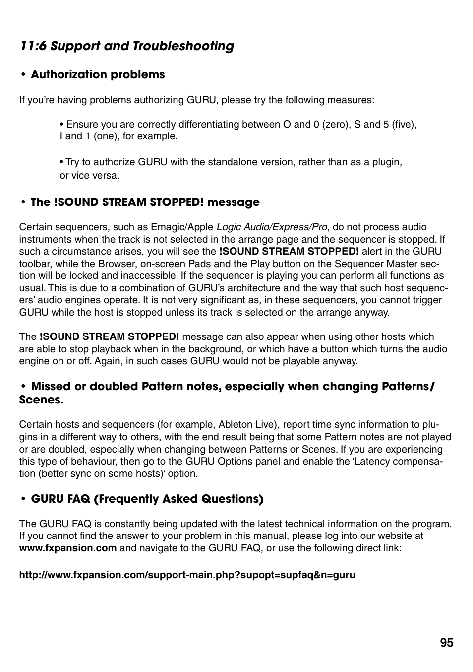 6 support and troubleshooting, 6 support and troubleshooting 95 | FXpansion GURU User Manual | Page 96 / 97