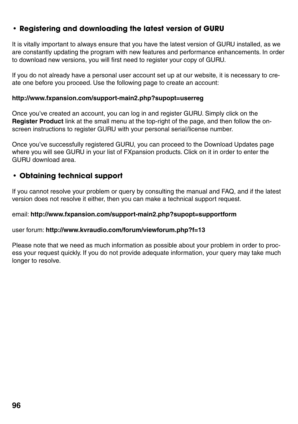 Obtaining technical support, Obtaining technical support 96 | FXpansion GURU User Manual | Page 97 / 97