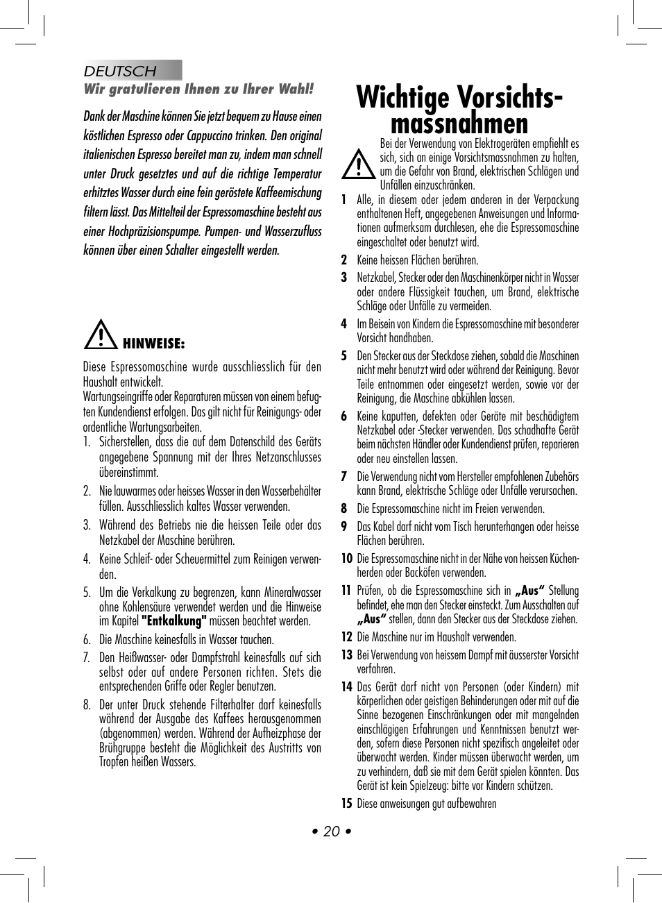 Wichtige vorsichts- massnahmen | Gaggia Baby User Manual | Page 22 / 78