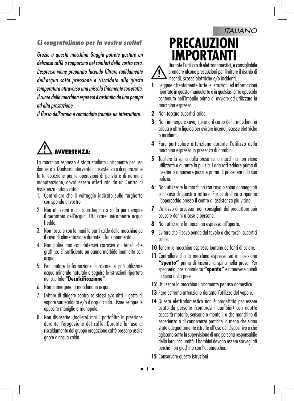 Precauzioni importanti | Gaggia Baby User Manual | Page 3 / 78