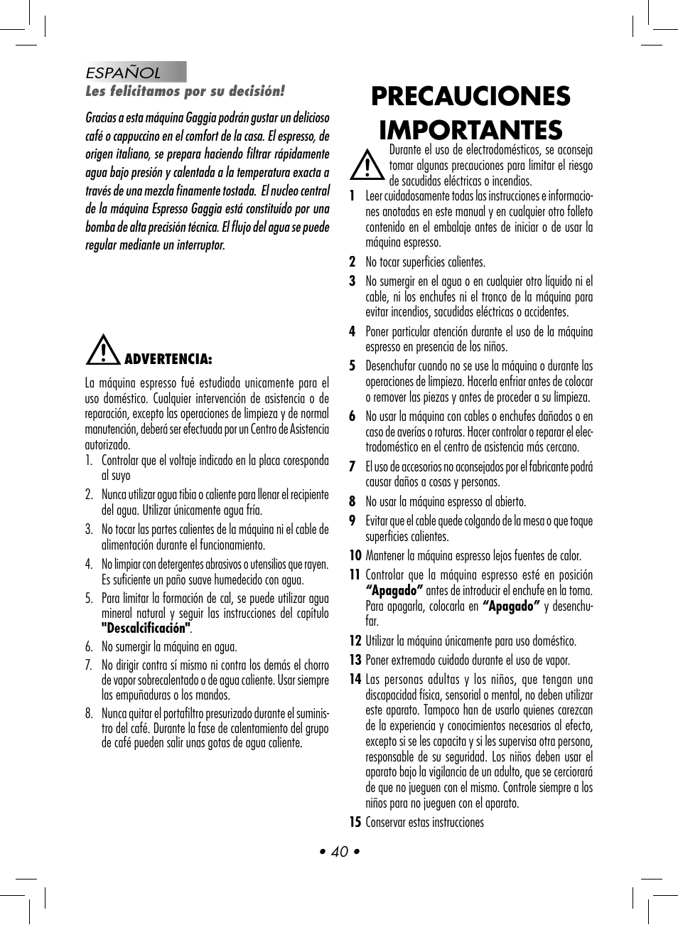 Precauciones importantes | Gaggia Baby User Manual | Page 42 / 78