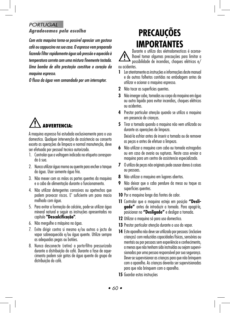 Precauções importantes | Gaggia Baby User Manual | Page 62 / 78