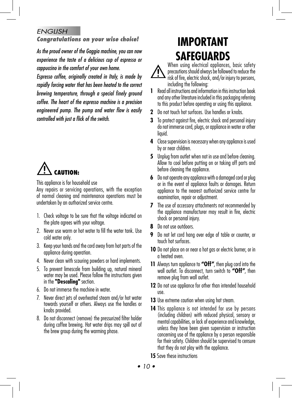 Important safeguards | Gaggia BABY CLASS User Manual | Page 13 / 74