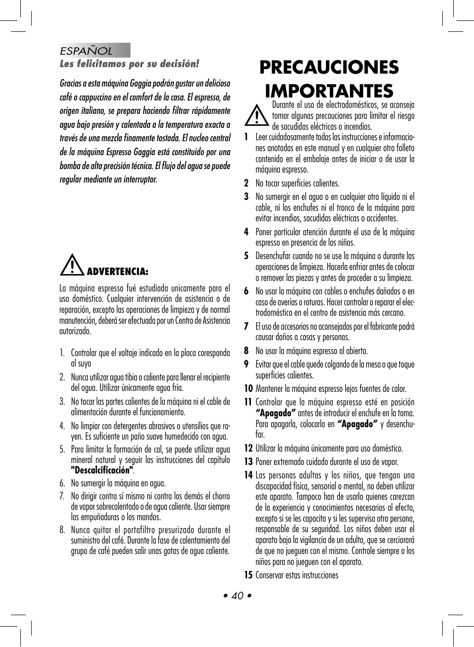 Precauciones importantes | Gaggia BABY CLASS User Manual | Page 43 / 74