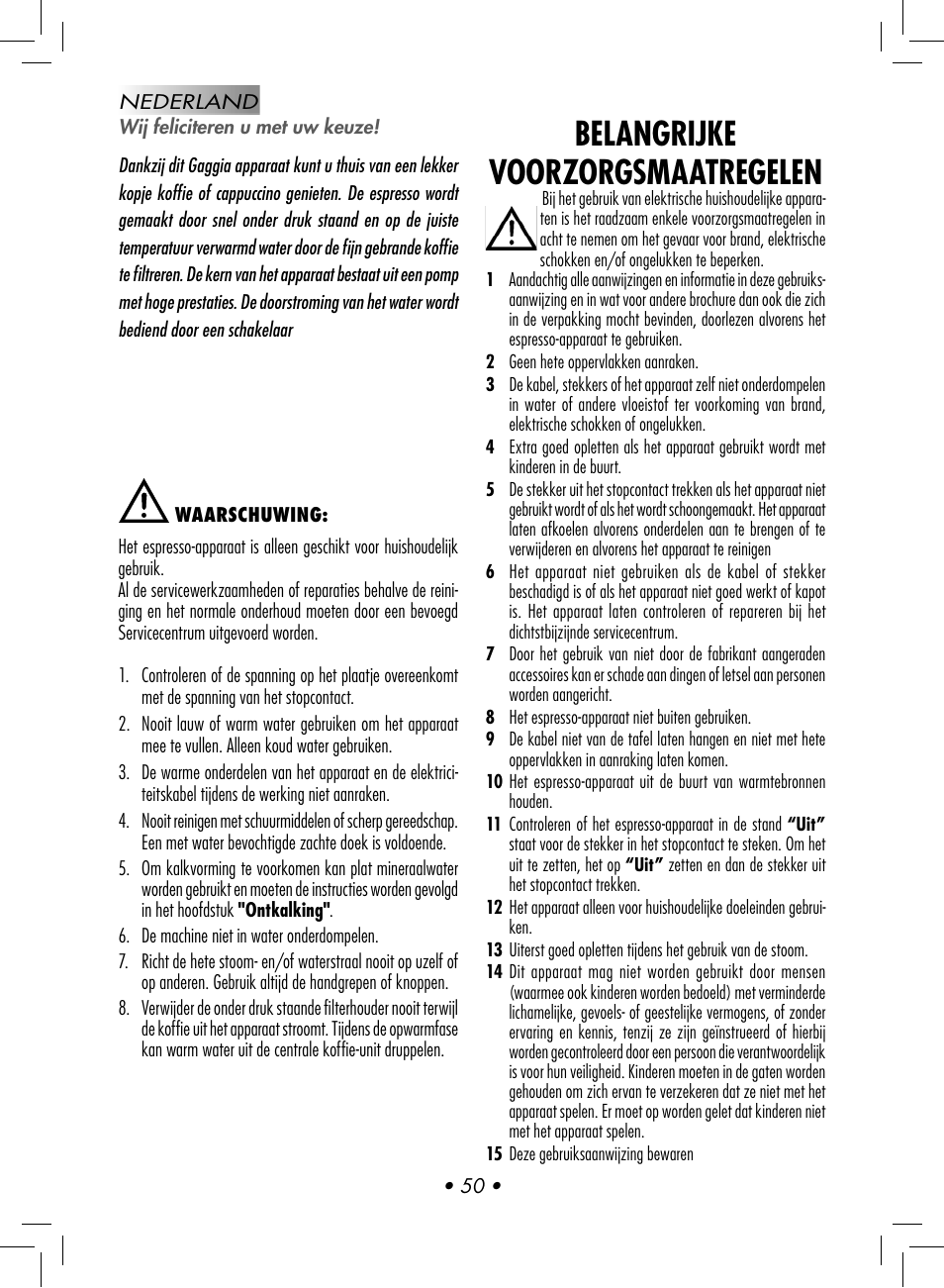 Belangrijke voorzorgsmaatregelen | Gaggia BABY CLASS User Manual | Page 53 / 74
