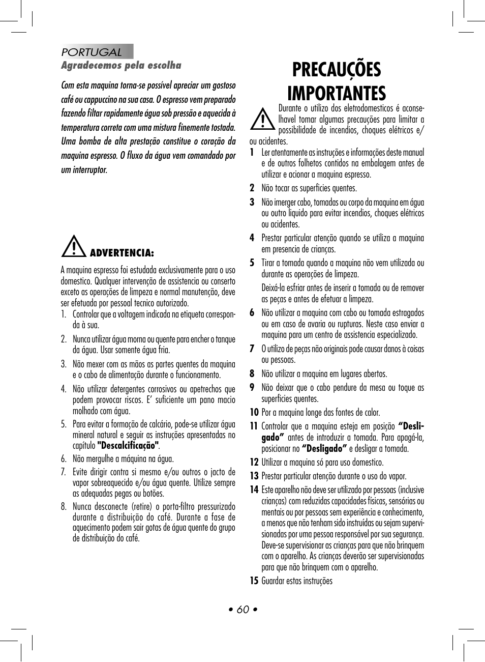 Precauções importantes | Gaggia BABY CLASS User Manual | Page 63 / 74