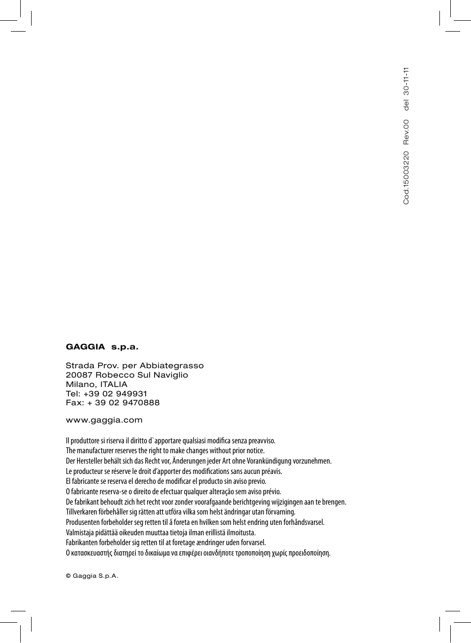 Gaggia GAGGIA User Manual | Page 112 / 112