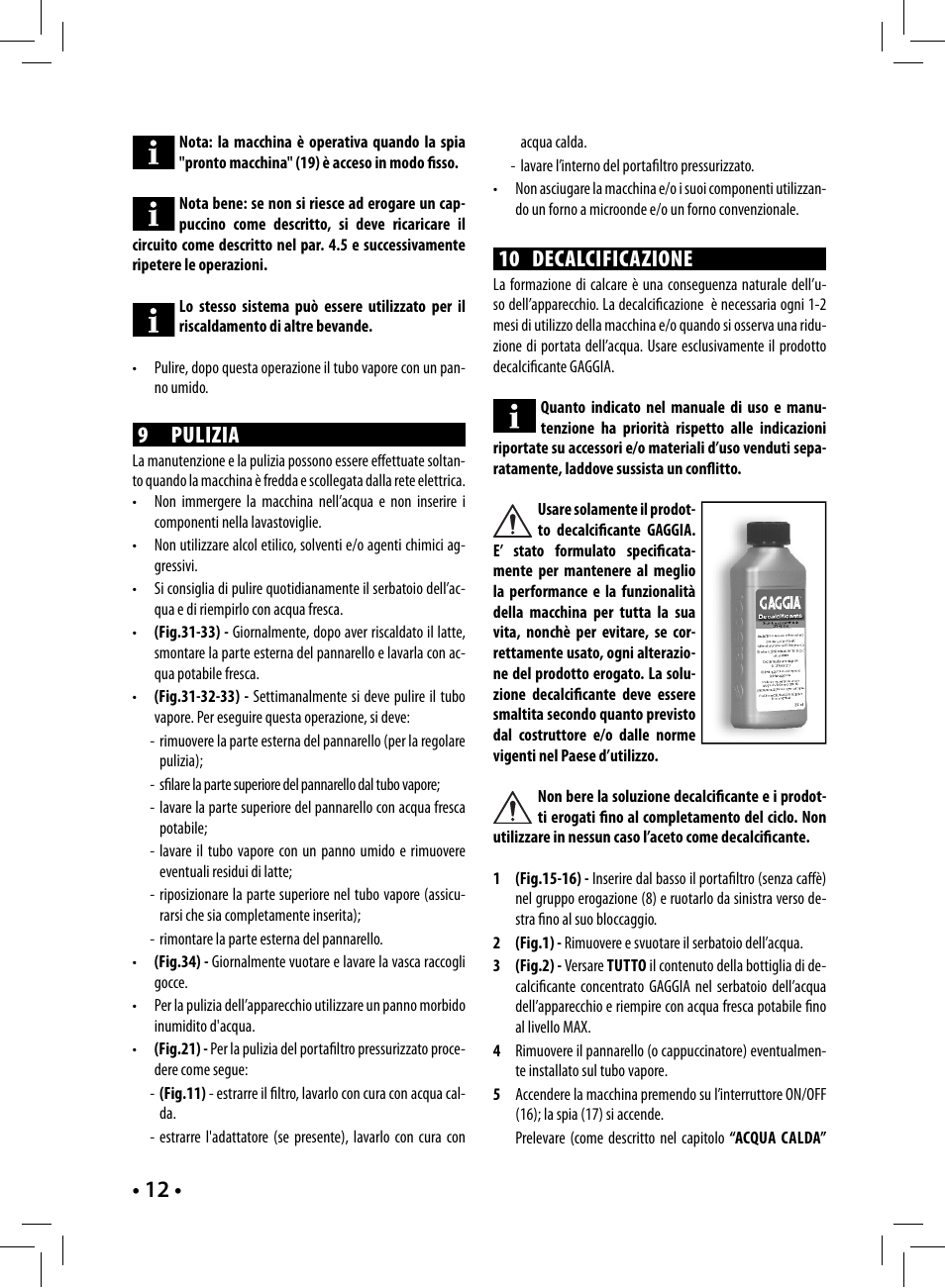 10 de cal ci fi ca zio ne, 9 pulizia | Gaggia GAGGIA User Manual | Page 12 / 112