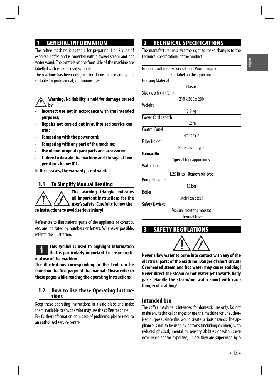 1 general information, 2 technical specifications, 3 safety regulations | Gaggia GAGGIA User Manual | Page 15 / 112