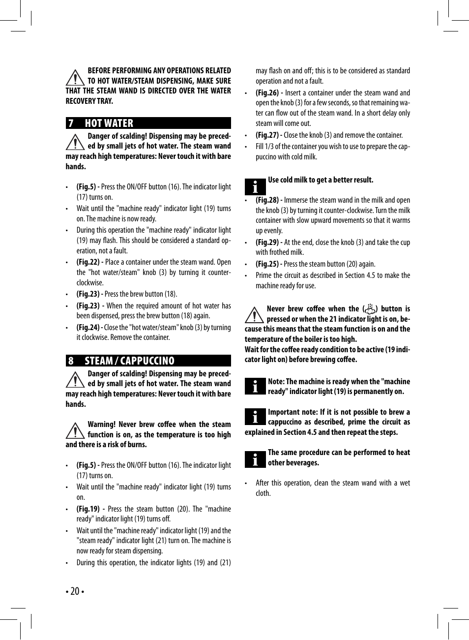 7 hot water, 8 steam / cappuccino | Gaggia GAGGIA User Manual | Page 20 / 112