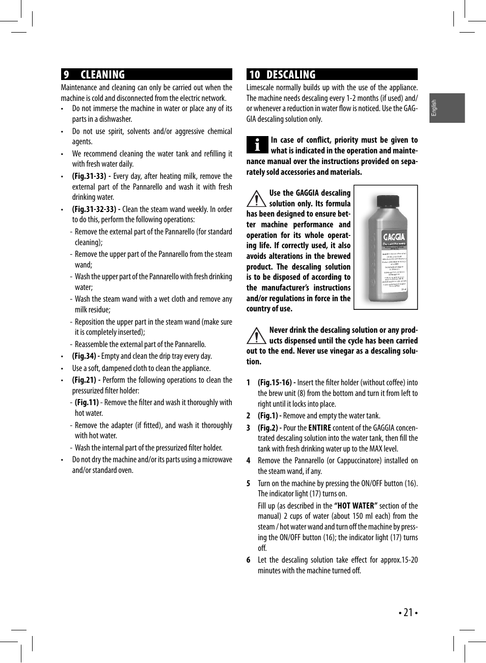 10 descaling, 9 cleaning | Gaggia GAGGIA User Manual | Page 21 / 112