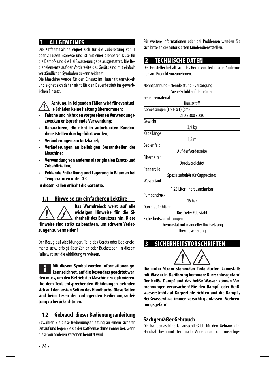 24 • 1 allgemeines, 2 technische daten, 3 sicherheitsvorschriften | Gaggia GAGGIA User Manual | Page 24 / 112