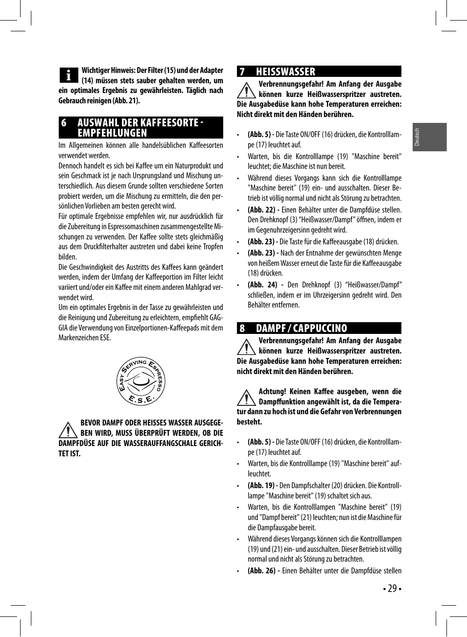 6 auswahl der kaffeesorte  empfehlungen, 7 heisswasser, 8 dampf / cappuccino | Gaggia GAGGIA User Manual | Page 29 / 112