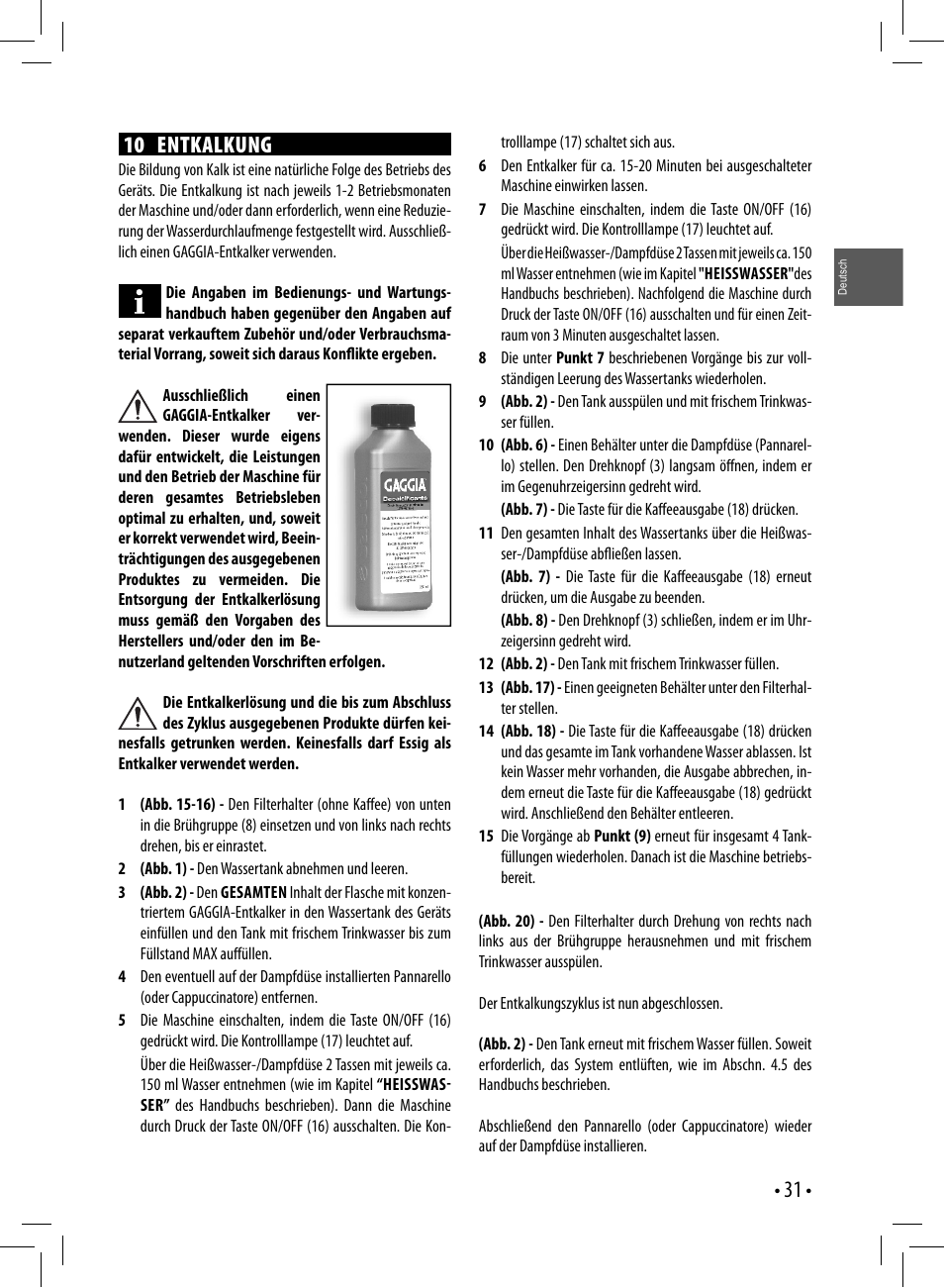 10 entkalkung | Gaggia GAGGIA User Manual | Page 31 / 112