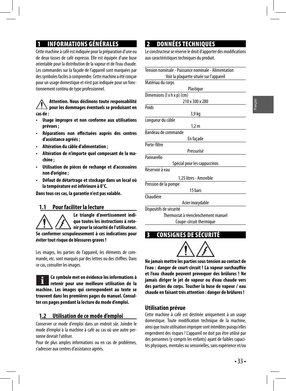 1 informations générales, 2 données techniques, 3 consignes de sécurité | Gaggia GAGGIA User Manual | Page 33 / 112