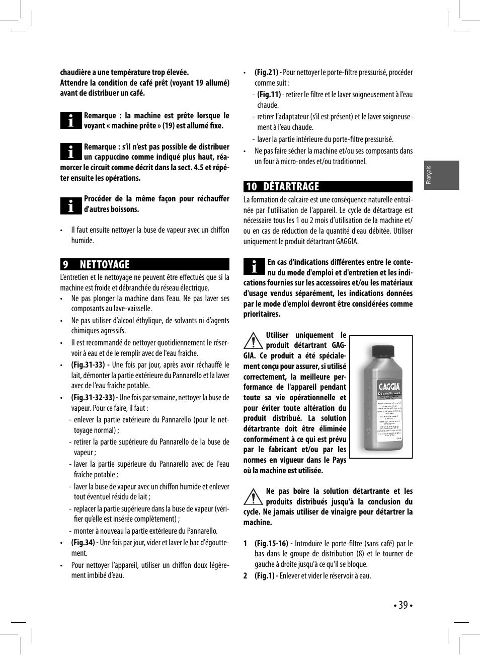10 détartrage, 9 nettoyage | Gaggia GAGGIA User Manual | Page 39 / 112