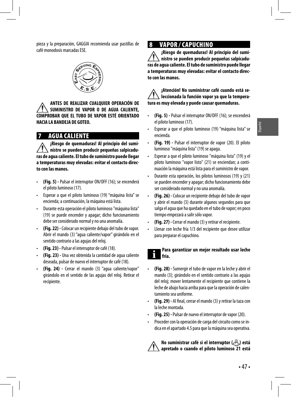 7 agua caliente, 8 vapor / capuchino | Gaggia GAGGIA User Manual | Page 47 / 112