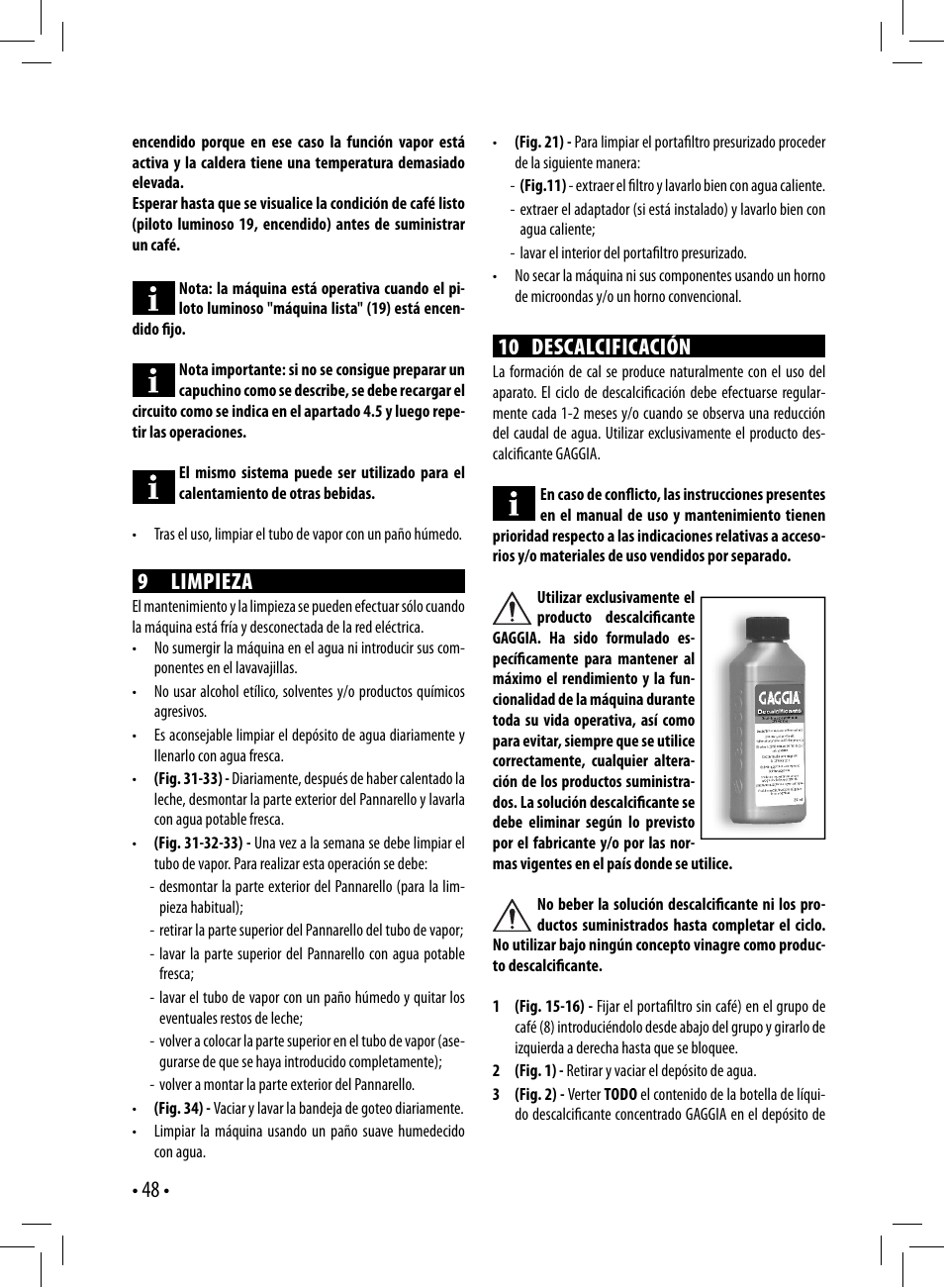 10 descalcificación, 9 limpieza | Gaggia GAGGIA User Manual | Page 48 / 112