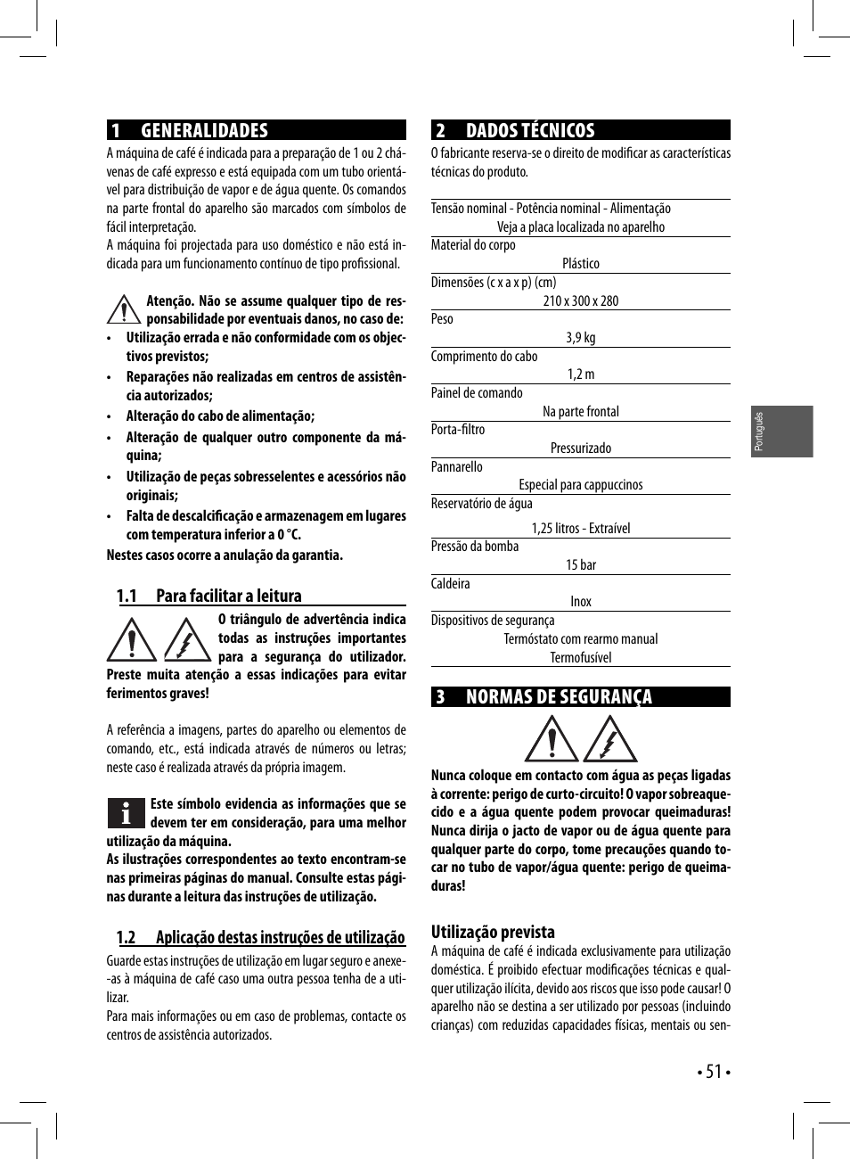 1 generalidades, 2 dados técnicos, 3 normas de segurança | Gaggia GAGGIA User Manual | Page 51 / 112