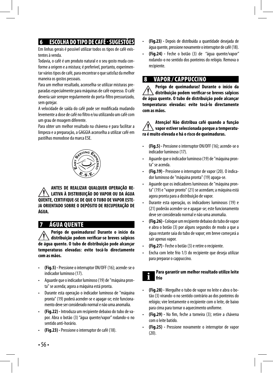 56 • 6 escolha do tipo de café  sugestões, 7 água quente, 8va po r / cappuccino | Gaggia GAGGIA User Manual | Page 56 / 112