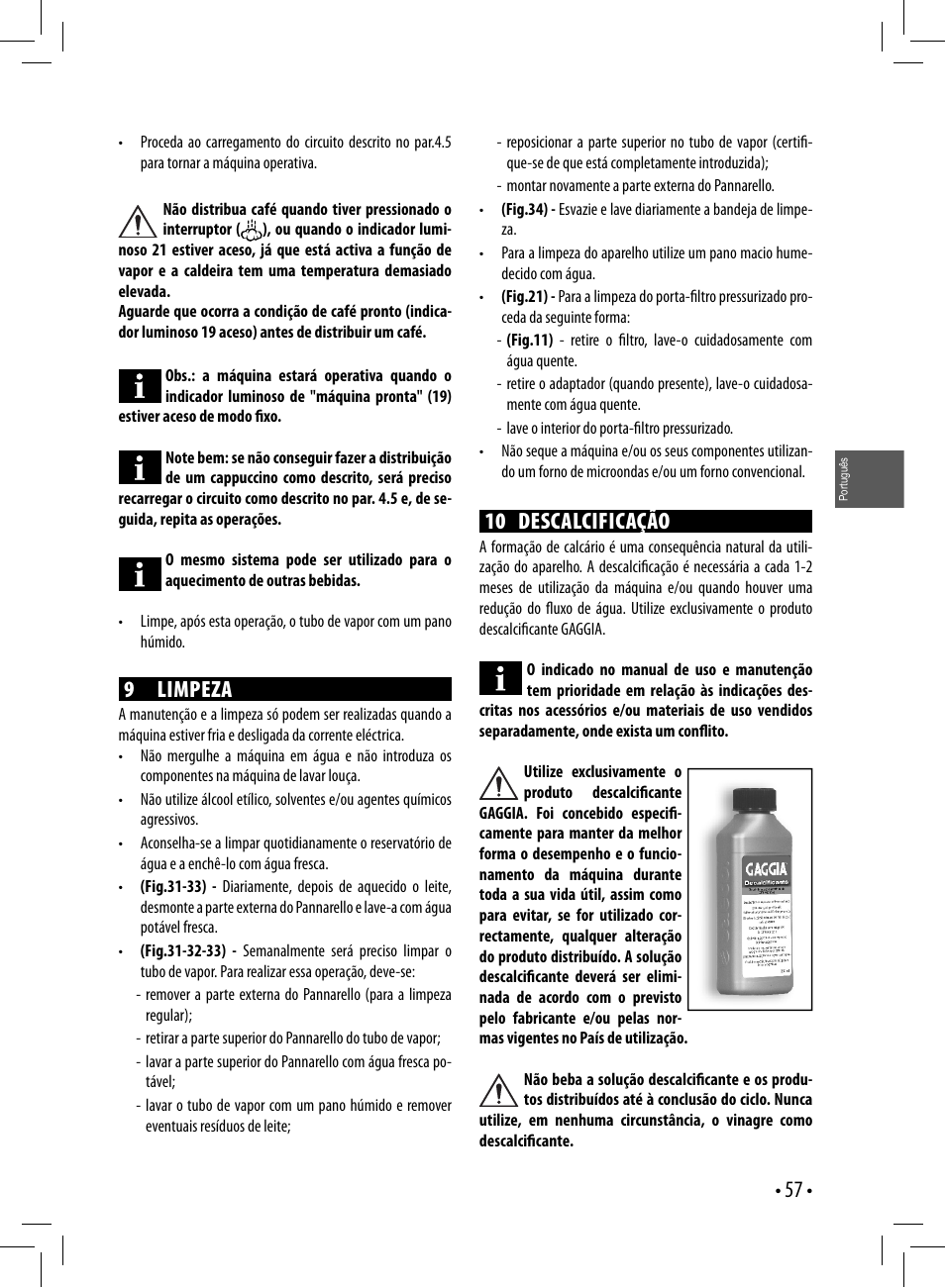 10 descalcificação, 9 limpeza | Gaggia GAGGIA User Manual | Page 57 / 112