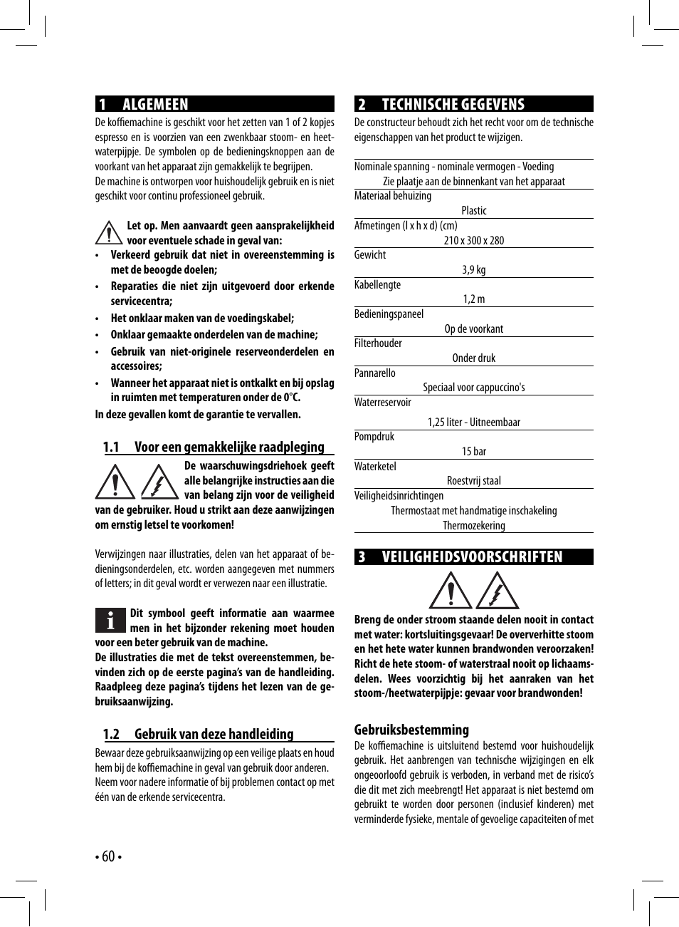 60 • 1 algemeen, 2 technische gegevens, 3 veiligheidsvoorschriften | Gaggia GAGGIA User Manual | Page 60 / 112